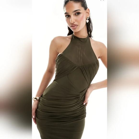 Asos high neck ruched mesh midi dress - Picture 2 of 3